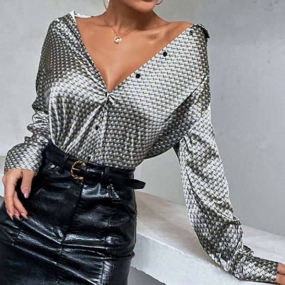 . Tops - Multicolor Preppy Womens Satin button down Shirt